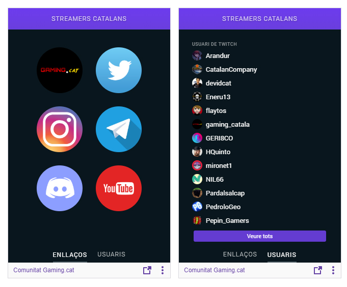 Captura de pantalla de l'extensió a Twitch "Streamers Catalans"