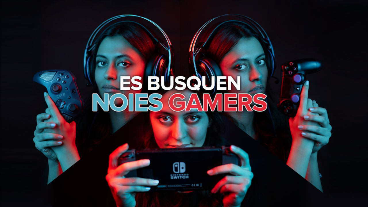 Collage amb tres imatges d'una noia gamer i el text "es busquen noies gamers"
