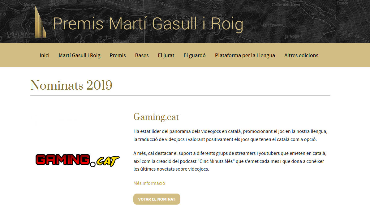 Pàgina de Gaming.cat al web dels Premis Martí Gasull
